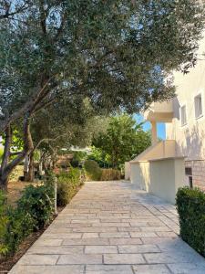 a brick walkway in front of a building with a tree at Villa Jadro in Zadar