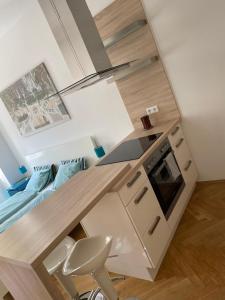 una cucina con bancone e lavandino in una stanza di Cozy city apartment near city center a Vienna