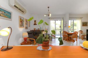 - un salon avec une table et une plante dans l'établissement Zoumberi Cute and Cozy, à Nea Makri