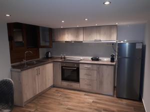 a kitchen with wooden cabinets and a stainless steel refrigerator at Plumbago Apartment in Theológos +8 photos
