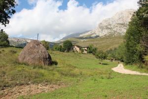 a field with a house and a mountain in the background at Albergue Casa Fumenal in Padarniu