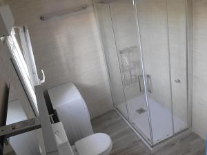 a white bathroom with a shower and a toilet at ZARAPITO in Chiclana de la Frontera