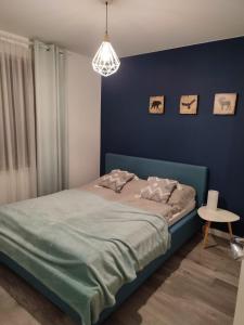 シュツァブニツァにあるApartamenty Szczawnica A2の青い壁のベッドルーム1室(ベッド1台付)
