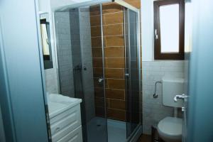 ein Badezimmer mit Dusche, Toilette und Waschbecken in der Unterkunft Liniștea Codrului in Borşa + 48 Fotos