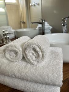 a pile of towels sitting on top of a bathroom sink at L'escale au Port Miniature de Saint Savinien in Le Mung
