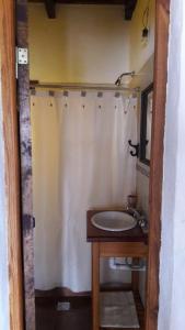 a bathroom with a sink and a shower curtain at Cabañas Loma de El Pelao in Tafí del Valle