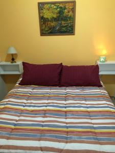 uma cama com almofadas roxas e uma pintura na parede em Excelente Departamento en Centro de Neuquén em Neuquén
