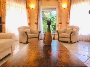 韦伦采Apollo Inn的客厅里木桌旁的花瓶