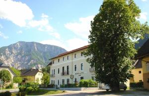 a large tree in front of a building with a mountain at Appartement zur Post in Ferlach
