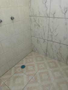 a bathroom with a shower with a blue bowl on the floor at HOTEL MARIA TERESA in Río Verde