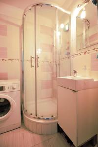 a bathroom with a shower and a sink and a washing machine at Cozy, bright room with free parking in Bratislava