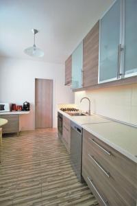 a large kitchen with wooden floors and blue cabinets at Cozy, bright room with free parking in Bratislava