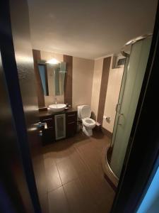 La salle de bains est pourvue de toilettes, d'un lavabo et d'un miroir. dans l'établissement Quite, Fully equipped apartment in Artemis, à Artemi