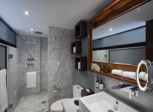 a bathroom with a sink and a shower at Las Suites Campos Eliseos in Mexico City