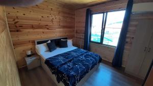 a bedroom with a bed in a wooden cabin at Вила ВлаиДа in Sapareva Banya