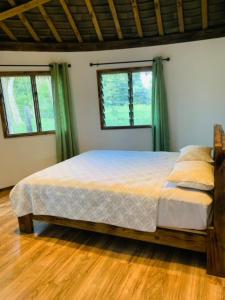 a bedroom with a bed and two windows at Fale Tonga Guesthouse 