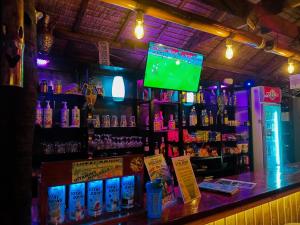 a bar with a tv in a bar with drinks at Archery-Asia Nipa Huts Moalboal in Moalboal