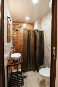 a bathroom with a sink and a shower and a toilet at Hotel Boutique George in Tbilisi City