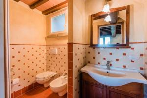 a bathroom with a sink and a toilet and a mirror at Residence Borgo Felciaione in Riparbella +54 photos