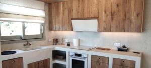 a kitchen with wooden cabinets and a sink and a stove at Degaetas Resort in Antiparos