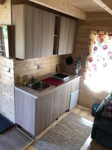 a kitchen with wooden cabinets and a sink in a room at Tilia Cottage Banjska stena in Mitrovac