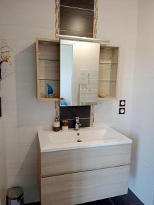 een badkamer met een witte wastafel en een spiegel bij Chambre d'hôtes le Berceau in Meschers-sur-Gironde