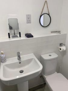 a bathroom with a sink and a toilet and a mirror at Peterborough Brand New City Center Apartment 2 Bedroom 2 bath apartment free parking contractors welcome in Peterborough