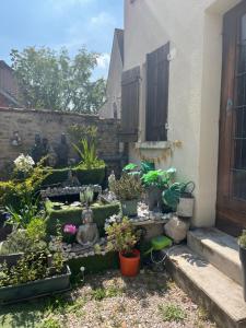 a garden with potted plants next to a building at Vaudes chambre in Vaudes