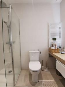 a bathroom with a toilet and a glass shower at Bestouan - 3 Chambres - Clim - Spacieux in Cassis
