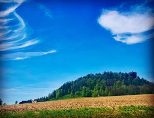 un campo con una colina y un cielo azul y nubes en Ferienhaus Sandsteinwandblick, en Schöna