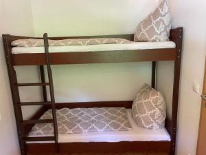 a couple of bunk beds with pillows on them at Ferienhaus Bachrauschen in Schöna