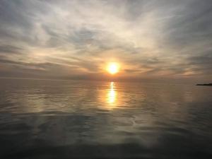 un tramonto su un corpo d'acqua con il tramonto di Herdwicks a Millom