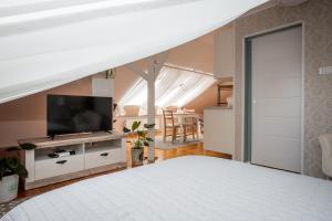 une chambre avec un lit et une télévision sur une commode dans l'établissement ApartsW241, à Jelenia Góra