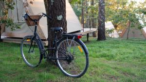 rower zaparkowany obok drzewa przed namiotem w obiekcie Amaraxe Ecoglamping w mieście Miñortos