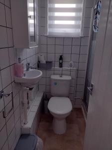 a small bathroom with a toilet and a sink at D&D Holiday Chalet in Bridlington