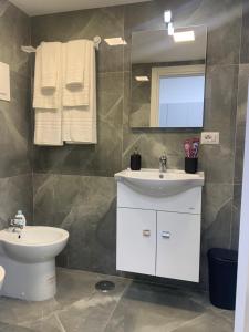 a bathroom with a sink and a toilet and a mirror at Toledo Home in Naples