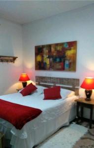 a bedroom with a bed with red pillows and two lamps at Pouso do Manu in Tiradentes