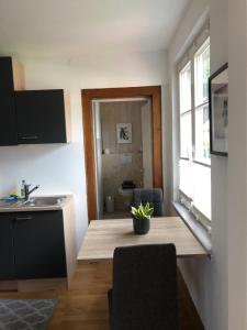 a kitchen with a wooden table and a sink and a counter at Ferienwohnung KARKER 2 in Radolfzell am Bodensee