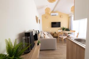 een keuken en een woonkamer met een bank en een woonkamer bij La Terrasse du Palais in Avignon