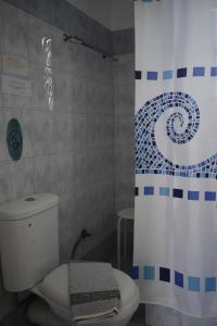 a bathroom with a toilet and a shower curtain at Aegean Star Hotel in Karavostasi
