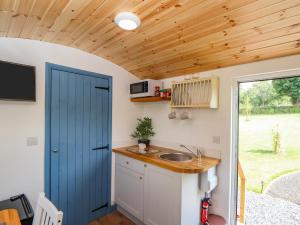 a kitchen with a blue door and a sink at Rose in Redruth