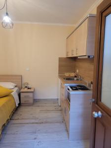 a small bedroom with a bed and a kitchen at Kleanthi and Kostas Studios in Symi
