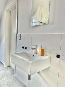 W białej łazience znajduje się umywalka i lustro. w obiekcie Großes Maisonette Apartment I TOP Lage I Prime w mieście Heidelberg