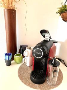 a coffee maker sitting on a counter with cups at Budgetapartment Seealpsee von Swisspartments in Arbon