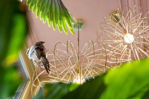 a bird is sitting on a chandelier at Hotel Saalbacher Hof in Saalbach-Hinterglemm