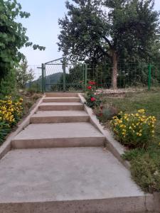un conjunto de pasos de hormigón con una valla y flores en Zelena Oaza, en Visoko