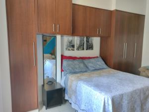 a bedroom with a bed and wooden cabinets at Apartamento no coração de Poços de Caldas in Poços de Caldas