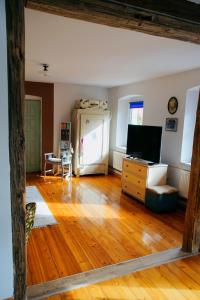a living room with a wooden floor and a television at Leśne Piętro in Sędziszowa
