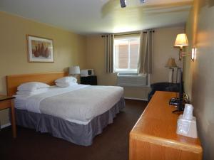 a hotel room with a bed and a desk at Alpine Inn in Pagosa Springs