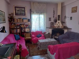 a living room with pink cushioned chairs and a fireplace at CALABRIA COLLINA DI SCILLA CASALE GIARDINO STANZE E APPARTAMENTI PER FAMIGLIE E COPPIE DA 2 DA 3 DA QUATTRO e giardino Melia Pzza S Gaetano 16 in Castagnarella